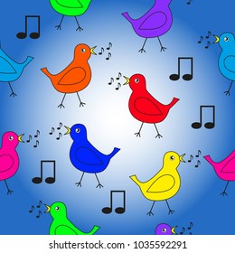 Seamless texture on a musical theme with colorful singing birds.