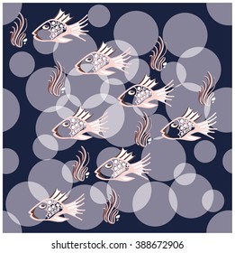 Seamless texture on a sea subject.School of fish. Vector illustration.