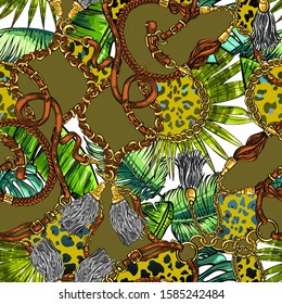 Seamless texture on the theme of the tropics, jungle from palm leaves, monstera, banana with belts and golden chains, jewelry, metal pendants. 