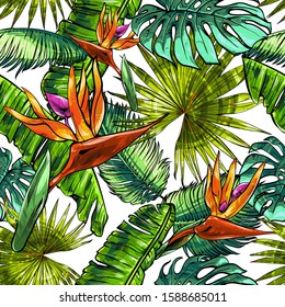 Seamless texture on the theme of the tropics, jungle from palm leaves, monstera, banana leaves, strelitzia and heliconia flowers. Template for printing, fabrics, packaging.