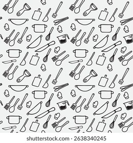 Seamless texture on white background with kitchen utensils theme, vector illustration