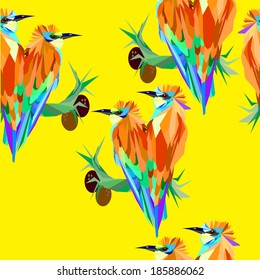 Seamless  texture on yellow background two bright tropical bird on a branch with coconuts in the abstract style