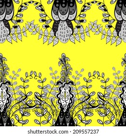 Seamless texture on yellow background. Vector illustration. Seamless pattern for your design wallpapers, pattern fills, web page backgrounds, surface textures. Ornamental branch or floral background. 
