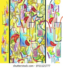 Nahtlose Textur. Brille, Getränke. Festessen oder Feiern. Restaurant Business. Küchenutensilien.