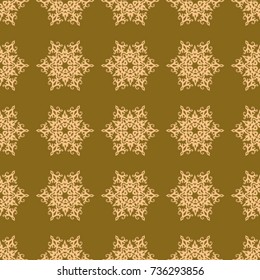 Seamless texture. Orange snowflakes on a brown background