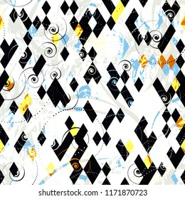 Seamless texture with organic and geometric elements. Rhombus, spirals, strokes. Abstract vector background for web page, banners backdrop, fabric, home decor, wrapping