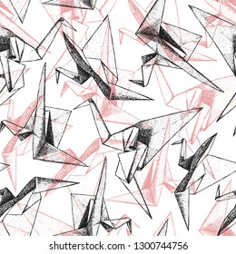 Seamless texture with the origami cranes. Repeating pattern with east art of origami. Ornament with paper birds.
