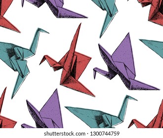 Seamless texture with the origami cranes. Repeating pattern with east art of origami. Ornament with paper birds.