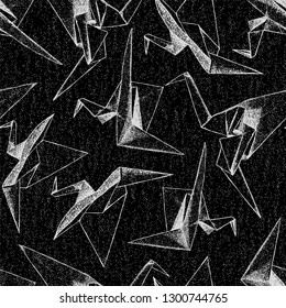 Seamless texture with the origami cranes. Repeating pattern with east art of origami. Ornament with paper birds.