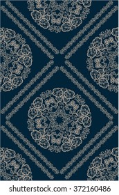 Seamless texture. Ornamental round lace pattern, circle background with many details, looks like crocheting handmade lace on grunge background.