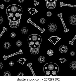 Seamless texture with ornamental skull and bones. Vector pattern