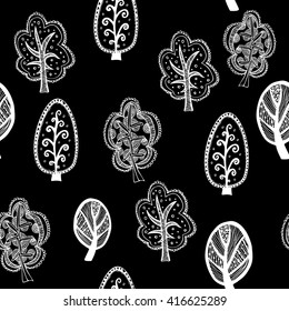 Seamless texture with ornamental trees. Endless hand drawn black and white vector pattern. Template for design textile, backgrounds, packages, wrapping paper