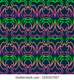 Seamless texture with ornaments. Ornaments with a gradient from green to pink. Ornaments in the shape of a heart. Vector illustration.