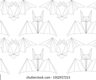 Seamless texture with outline poligonal bats in a row. Halloween holiday. Animal origami. Paper zoo. Vector line art pattern for fabrics, backgrounds and your creativity.