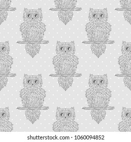 Seamless texture. Owl. Design Zentangle. Zen art. Dotted pattern. Geometric background. Abstract wallpaper of the surface. Print for polygraphy, posters, t-shirts and textiles. Doodle for design