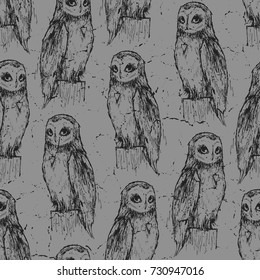Seamless texture with owl. Old, vintage style. Gray theme. Repeating background.