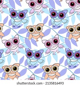 Seamless texture with owls. Delicate texture. Texture with owls for children. Background with cute owls.