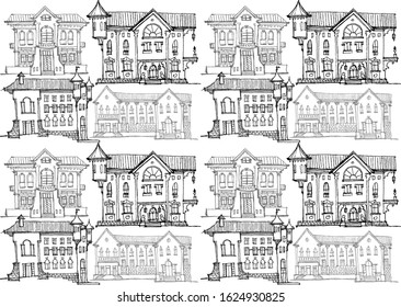 seamless texture for packaging, shades of gray and black on a white background, doodle of ancient architecture in careless lines - the facades of old fairy houses with turrets, balconies, collapsed