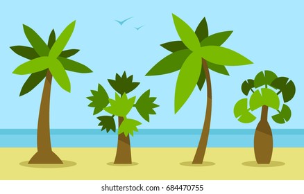 Seamless texture of palm trees. Types of palms. Beach with plants by the sea. Hot climate.