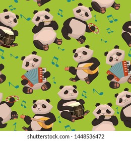 Seamless texture with pandas playing musical instruments. Vector graphics.