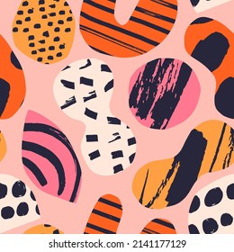 Seamless texture with paper cut out figures and ink texture. Vector pattern with big modern shapes and bold color. Creative artistic background