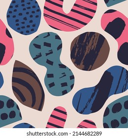 Seamless texture with paper cut out figures and ink texture. Vector pattern with big modern shapes and bold color. Creative artistic background