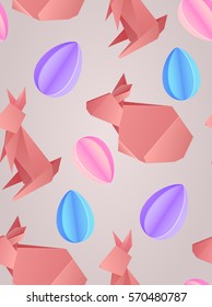 Seamless texture with paper origami rabbits and eggs. Vector Easter pattern for your creativity