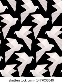 Seamless texture with paper white origami doves on a black background. Flying free birds. Vector 3d pattern for fabrics, wallpapers and for your creativity.