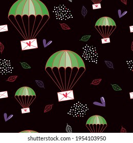 Seamless texture parachutes with envelopes and hearts on a dark background, flying leaves and dots