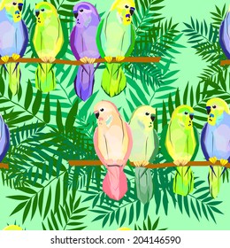 Seamless texture parrots on a branch on a green background