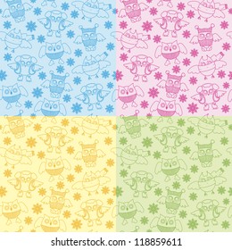 seamless texture in pastel tones with owls and snowflakes