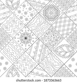 seamless texture of patchwork pattern with ethnic and nature elements for your coloring book