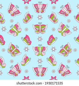 Seamless texture. Patern. Butterflies and flowers. Spring background with multicolored butterflies. Vector illustration.