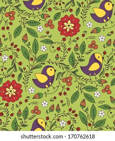 seamless texture pattern with bird and flower on a green background. Can be used as a background picture, pattern fill, surface texture.
