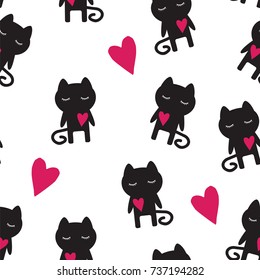 Seamless texture pattern with cats black and white, vector illustration