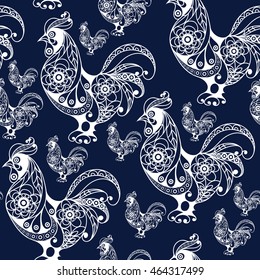 Seamless texture (pattern) with cock (rooster) - symbol of 2017 (fire cock). Suitable for design: cloth, web, wallpaper, wrapping. Vector illustration for New Year's design.