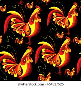 Seamless texture (pattern) with cock (rooster) - symbol of 2017 (fire cock). Suitable for design: cloth, web, wallpaper, wrapping. Vector illustration for New Year's design.