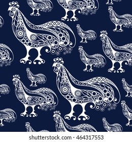 Seamless texture (pattern) with cock (rooster) - symbol of 2017 (fire cock). Suitable for design: cloth, web, wallpaper, wrapping. Vector illustration for New Year's design.