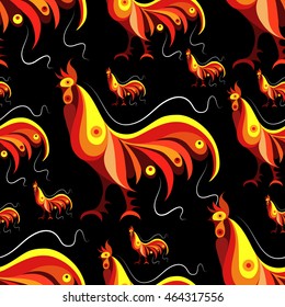 Seamless texture (pattern) with cock (rooster) - symbol of 2017 (fire cock). Suitable for design: cloth, web, wallpaper, wrapping. Vector illustration for New Year's design.