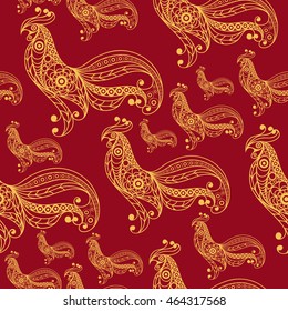 Seamless texture (pattern) with cock (rooster) - symbol of 2017 (fire cock). Suitable for design: cloth, web, wallpaper, wrapping. Vector illustration for New Year's design.