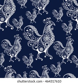 Seamless texture (pattern) with cock (rooster) - symbol of 2017 (fire cock). Suitable for design: cloth, web, wallpaper, wrapping. Vector illustration for New Year's design.