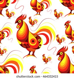 Seamless texture (pattern) with cock (rooster) - symbol of 2017 (fire cock). Suitable for design: cloth, web, wallpaper, wrapping. Vector illustration for New Year's design.