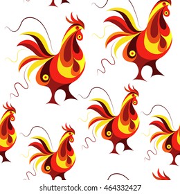Seamless texture (pattern) with cock (rooster) - symbol of 2017 (fire cock). Suitable for design: cloth, web, wallpaper, wrapping. Vector illustration for New Year's design.