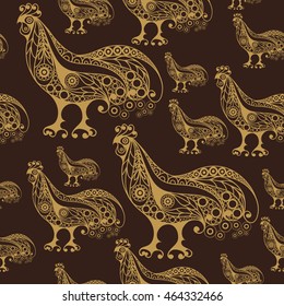 Seamless texture (pattern) with cock (rooster) - symbol of 2017 (fire cock). Suitable for design: cloth, web, wallpaper, wrapping. Vector illustration for New Year's design.