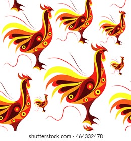 Seamless texture (pattern) with cock (rooster) - symbol of 2017 (fire cock). Suitable for design: cloth, web, wallpaper, wrapping. Vector illustration for New Year's design.