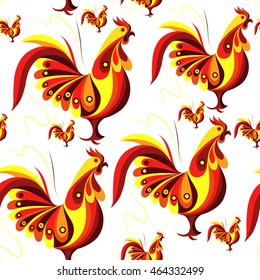 Seamless texture (pattern) with cock (rooster) - symbol of 2017 (fire cock). Suitable for design: cloth, web, wallpaper, wrapping. Vector illustration for New Year's design.