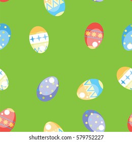 Seamless texture pattern colorful Easter eggs on a green background, vector image