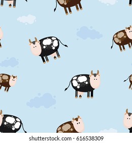 Seamless texture, pattern cow on a blue background, vector illustration