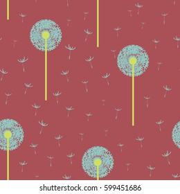 Seamless texture pattern dandelion on a dark red background, vector illustration