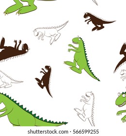 seamless texture pattern of dinosaurs in different colors for decorating children's fabrics, wall paper, children's holiday jn white background, vector image